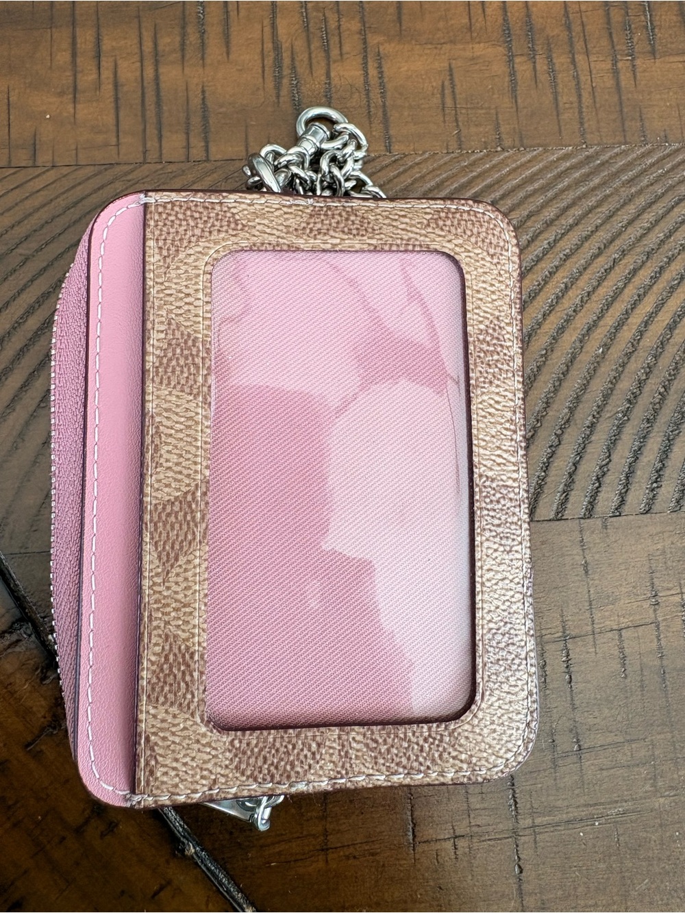 Coach Brown Signature Card Case with Pink Trim and Silver Chain - Picture 7 of 10
